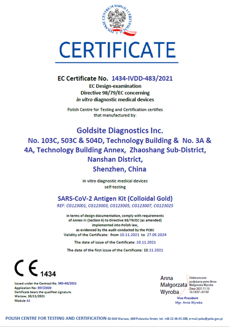 EC certificate for self testing COVID-19 Antigen Test