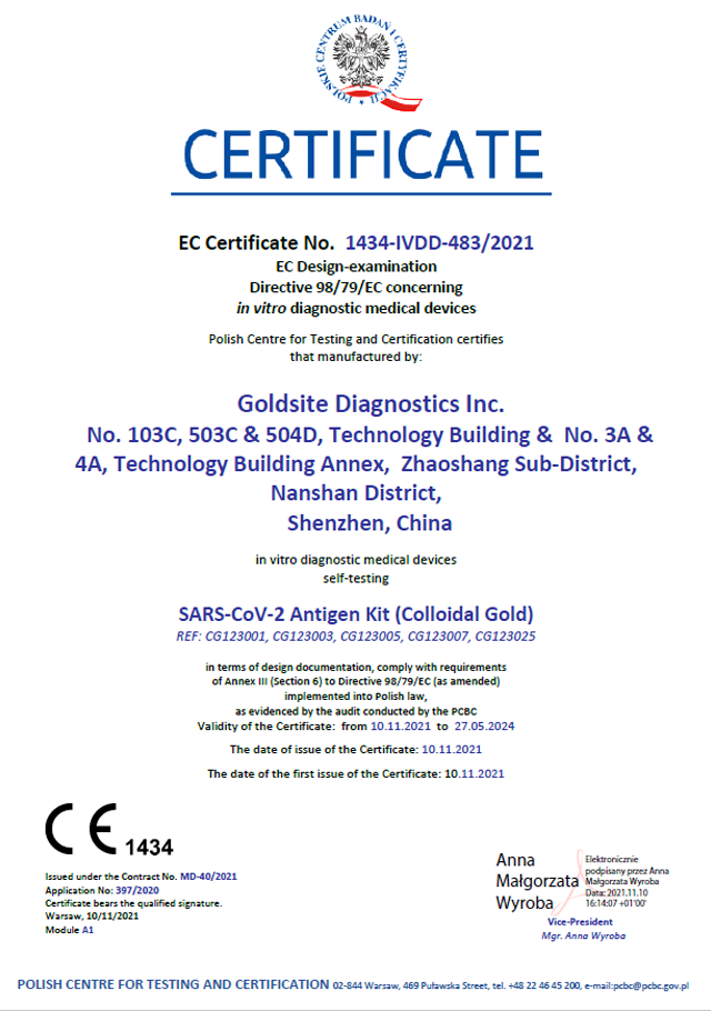 Goldsite obtains CE self-testing certificate for the SARS-CoV-2 Nasal Antigen Self-Test
